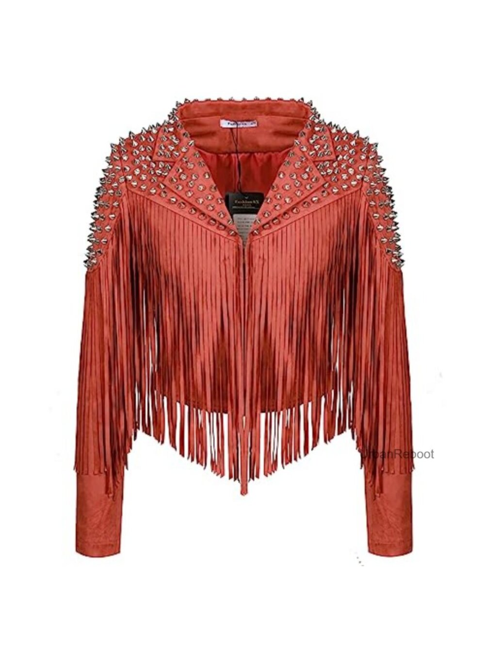 Women's Faux Leather Short Motorcycle Jacket with Tassel Rivet Detail - Picture 3 of 6